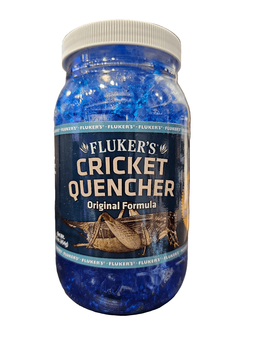 A jar of Fluker's Cricket Quencher Original Formula 16oz, containing blue hydrated gel, features a label with an image of a cricket and is equipped with a screw-on lid.