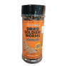 A jar labeled "Fluker's - Dried Soldier Worms 2.2 Oz" with an orange label contains dried worms designed for reptiles, tropical fish, and semi-aquatic amphibians, emphasizing their high calcium and protein content.