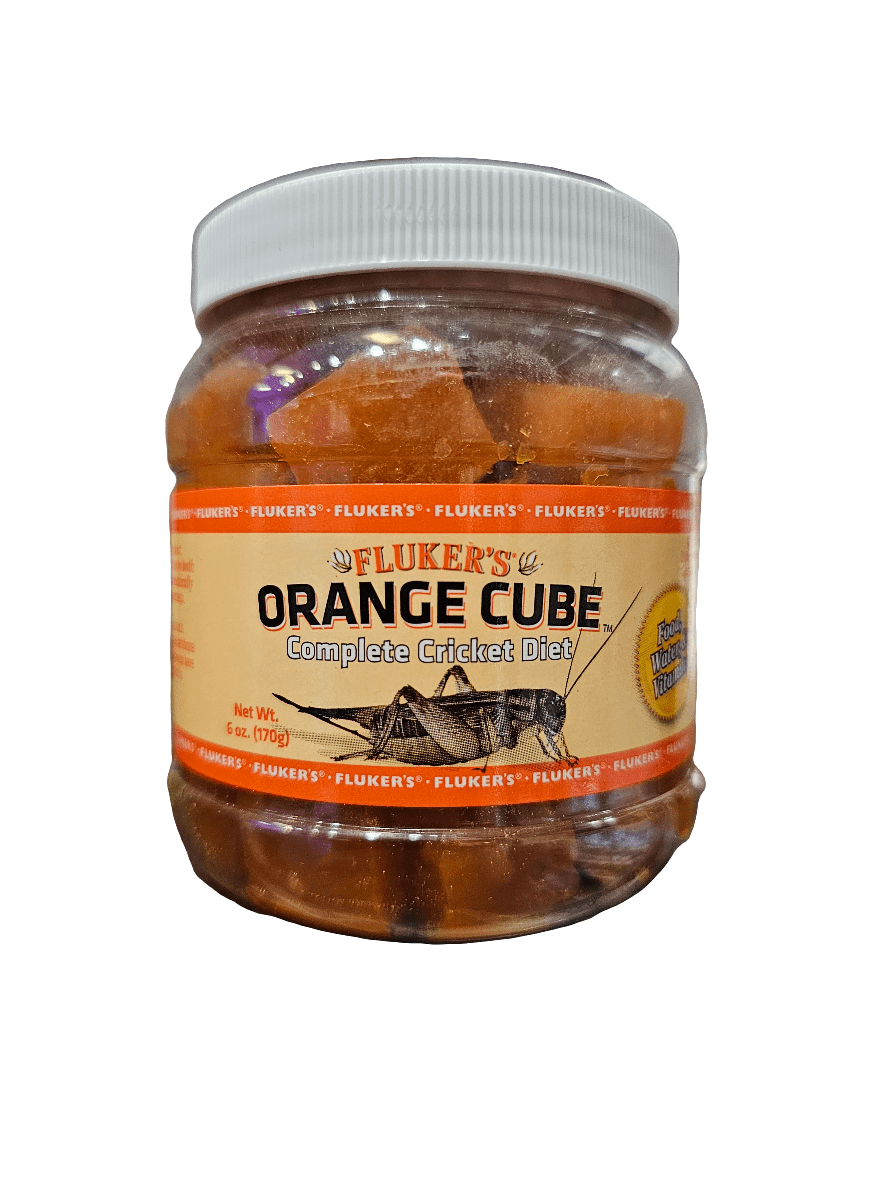 A 6-ounce jar of Fluker's Orange Cube Complete Cricket Diet, featuring a label with a cricket image, contains brightly colored orange cubes that serve as a nutritional diet supplement for crickets.