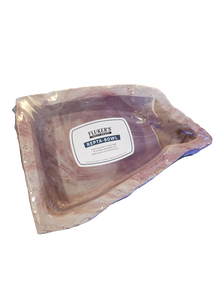 An extra-large, rectangular Repta-Bowl by Fluker's in beige, featuring a natural stone appearance and an internal label with product information, specially designed for reptiles.