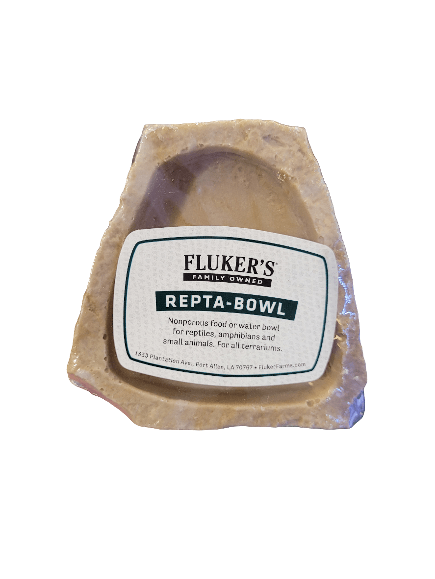 A nonporous, rectangular beige stone dish labeled as the Fluker's - Repta-Bowl - Extra Small for reptiles and small animals, shown in packaging.