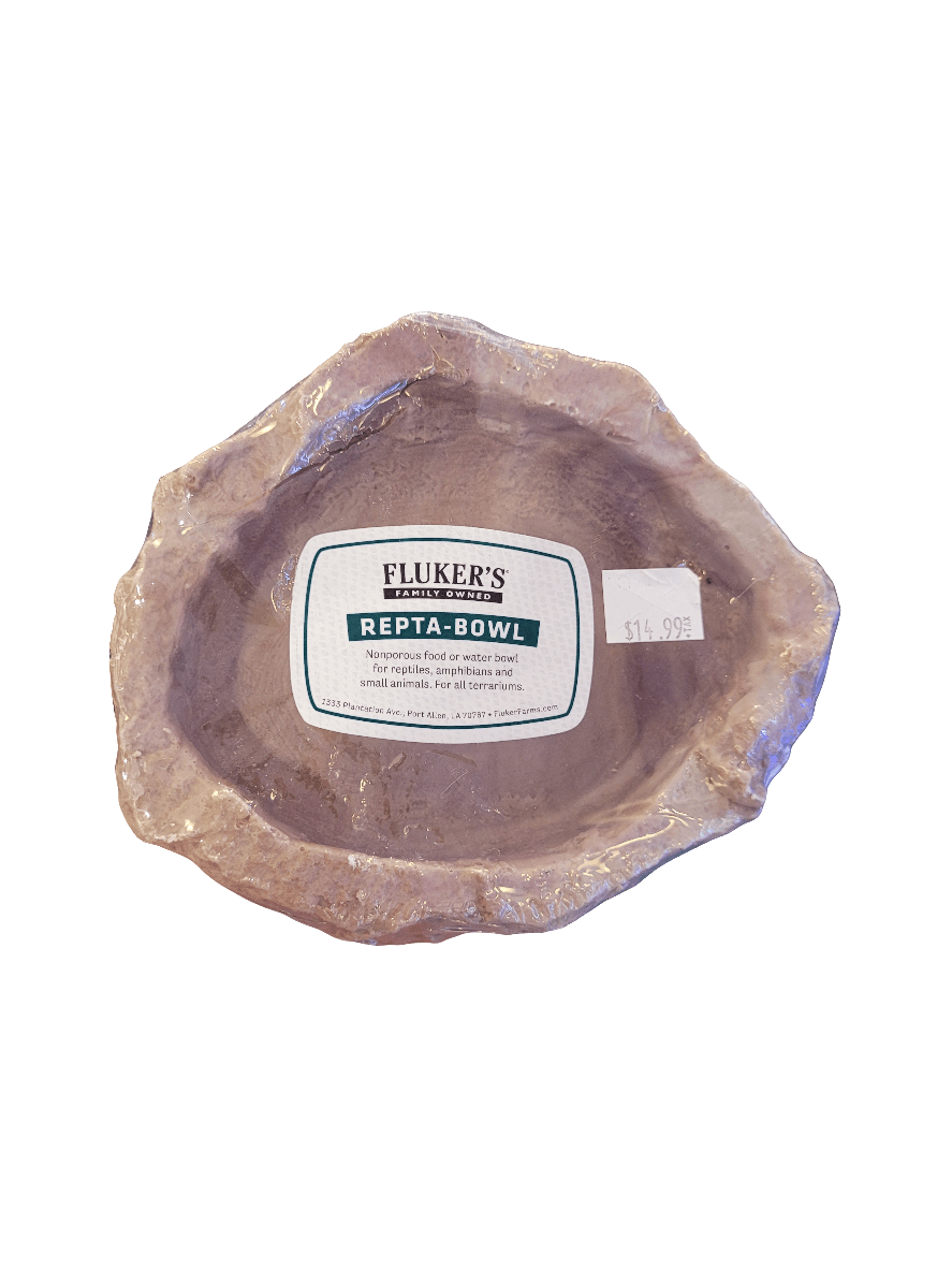 A medium, textured, oval-shaped reptile bowl known as Fluker's Repta-Bowl features a natural stone appearance in brown and is priced at $14.99.