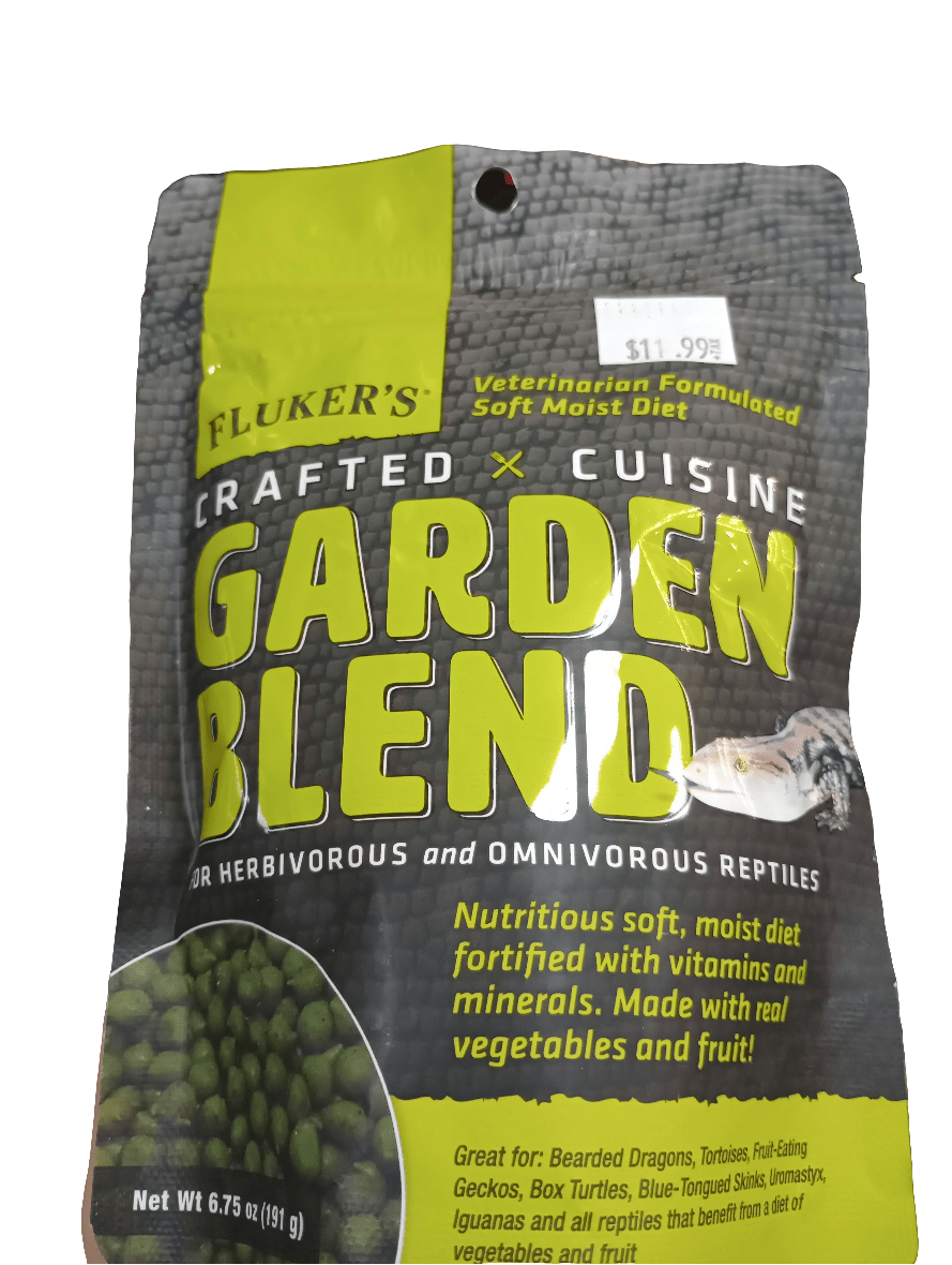 Flukers Crafted Blend Garden Blend 6.75 oz offers a soft, moist diet designed for herbivorous and omnivorous reptiles, featuring information on its nutritious ingredients packed with vitamins and minerals, making it suitable for a range of reptiles.