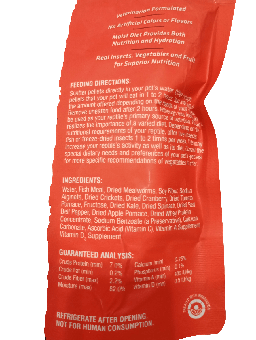 A crumpled red bag of Flukers Crafted Cuisine Turtle Diet 6.75oz features feeding instructions and an ingredient list, including dried insects, vegetables, and vitamins. The text highlights nutritional benefits and analysis. The bottom note advises refrigeration after opening and states it is not for human consumption.