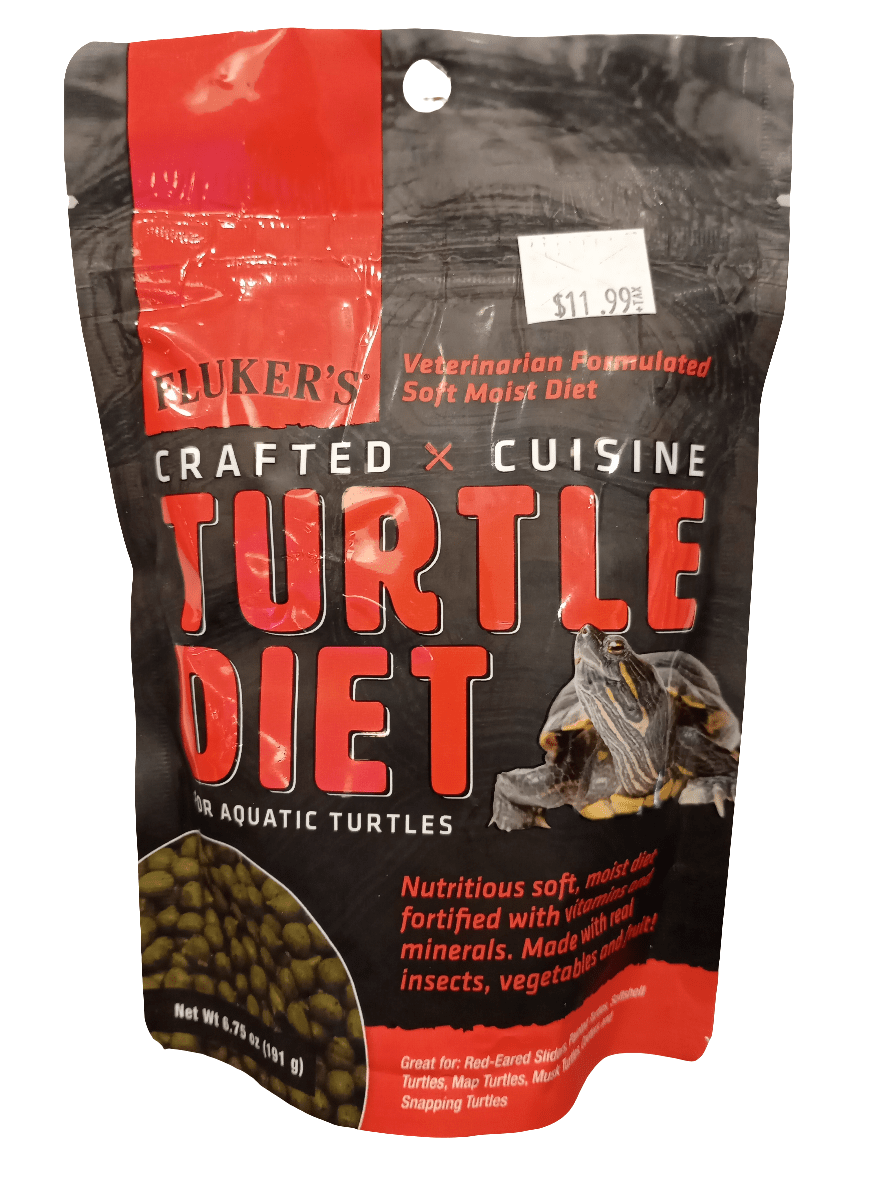 A bag of Flukers Crafted Cuisine Turtle Diet 6.75 oz for aquatic turtles. The package features a Veterinarian Formulated Soft Moist Diet and is priced at $11.99.