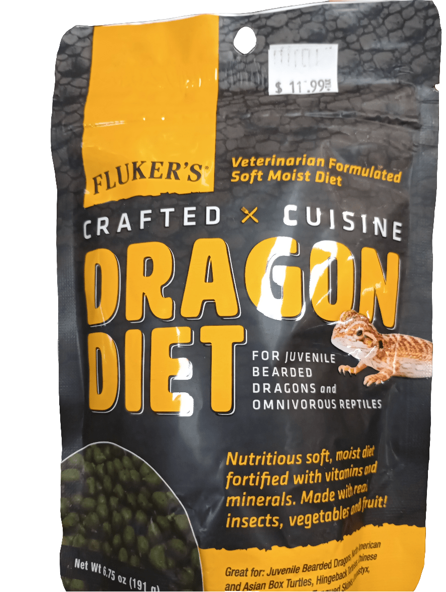 A sealed bag of Flukers Crafted Diet Juvi Dragon Diet 6.75oz, designed for juvenile bearded dragons, features a soft and moist formula enriched with vitamins and minerals, including insects, vegetables, and fruit. It is priced at $11.99.