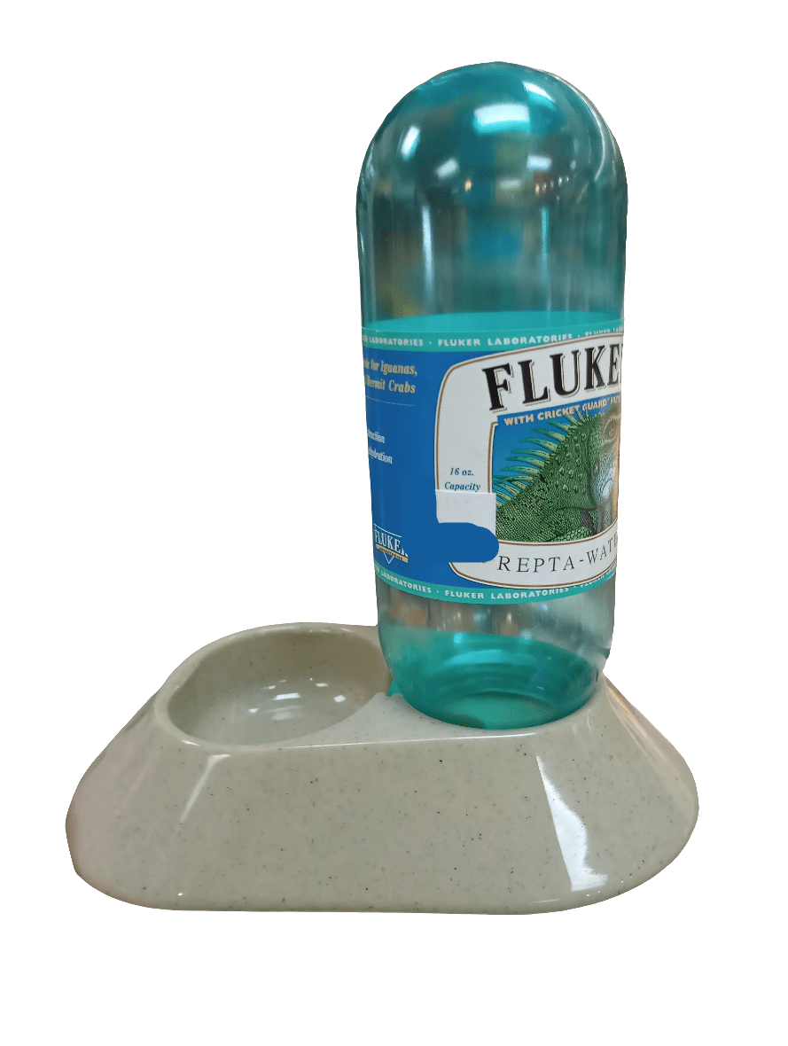 The Flukers Repta Waterer features a white base that supports an inverted teal water bottle, specifically designed for terrarium pets. The base also includes a small bowl for dispensing water.