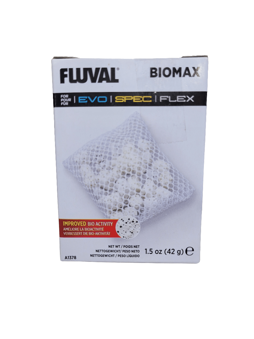 Fluval Biomax Media for EVO-Spec-Flex aquariums comes in a 1.5 oz package, featuring a white mesh bag filled with white porous materials designed to enhance biological activity.