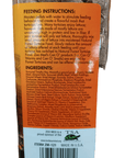 A close-up of the Forest Tortoise Food 15oz Zoo Med package offers feeding instructions for forest tortoise species, detailing how to hydrate the food and transition them from lettuce to this packaged meal. Ingredients such as Timothy Hay, soybeans, alfalfa, and a range of vitamins provide essential nutrition for Red-foot tortoises.