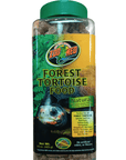 A clear plastic container of "Forest Tortoise Food 15oz Zoo Med" with a green lid features an image of a tortoise. The label highlights the natural food enriched with vitamins and minerals, ideal for forest tortoise species such as the Yellow-foot, Red-foot, and Box Turtles.