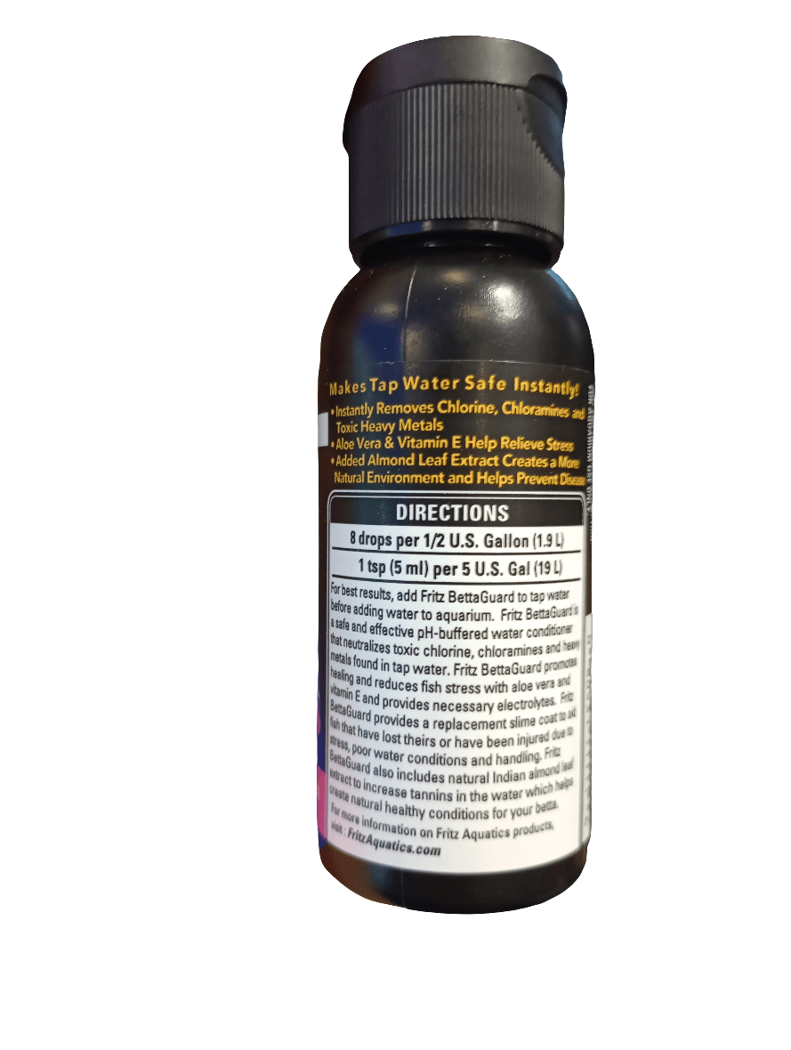 A 2oz bottle of Fritz - Betta Guard water treatment in black, designed to make tap water safe for use by eliminating chlorine and heavy metals. It also features added Vitamin E and almond leaf extract. The directions for use are provided on the back label.