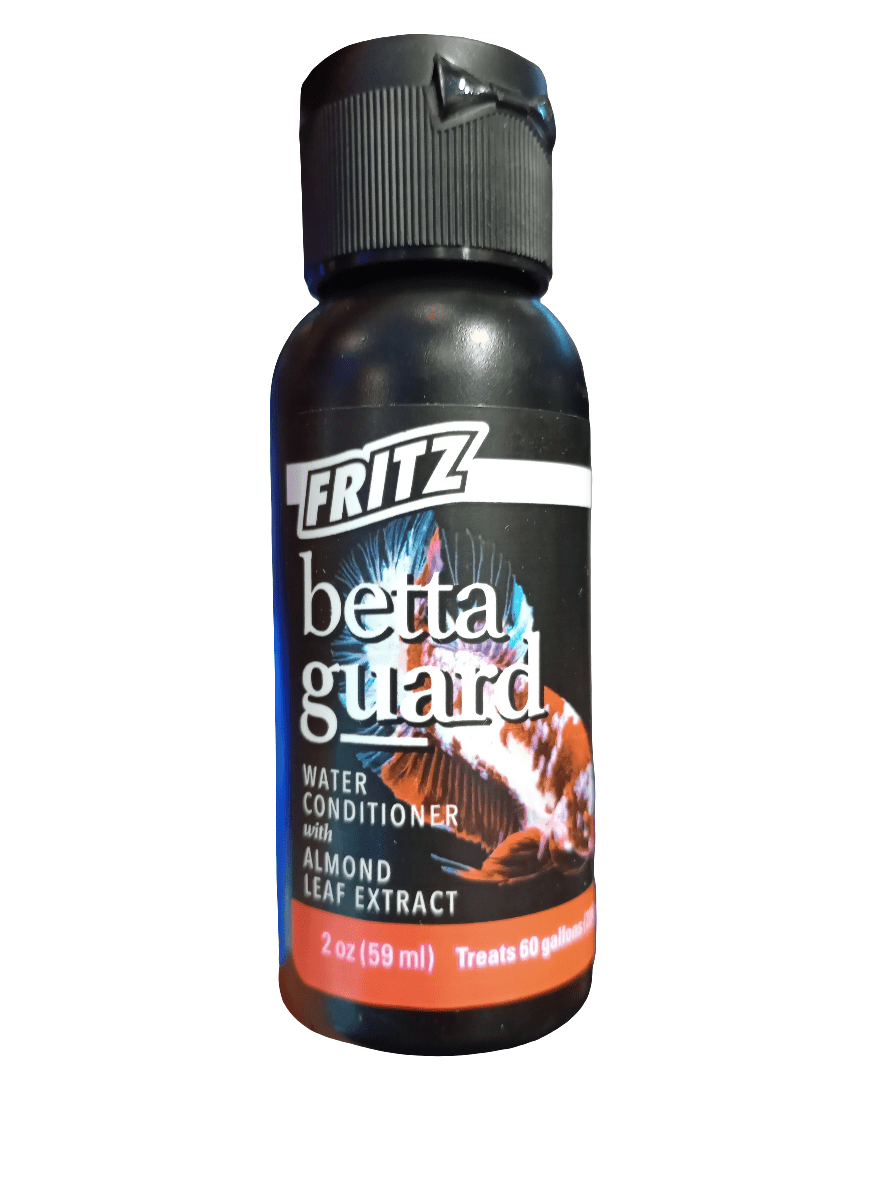 The Fritz - Betta Guard 2oz bottle features a black and red design with a black cap. Adorned with an image of a fish, the label specifies that this almond leaf extract conditioner can treat up to 60 gallons.