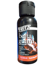 The Fritz - Betta Guard 2oz bottle features a black and red design with a black cap. Adorned with an image of a fish, the label specifies that this almond leaf extract conditioner can treat up to 60 gallons.