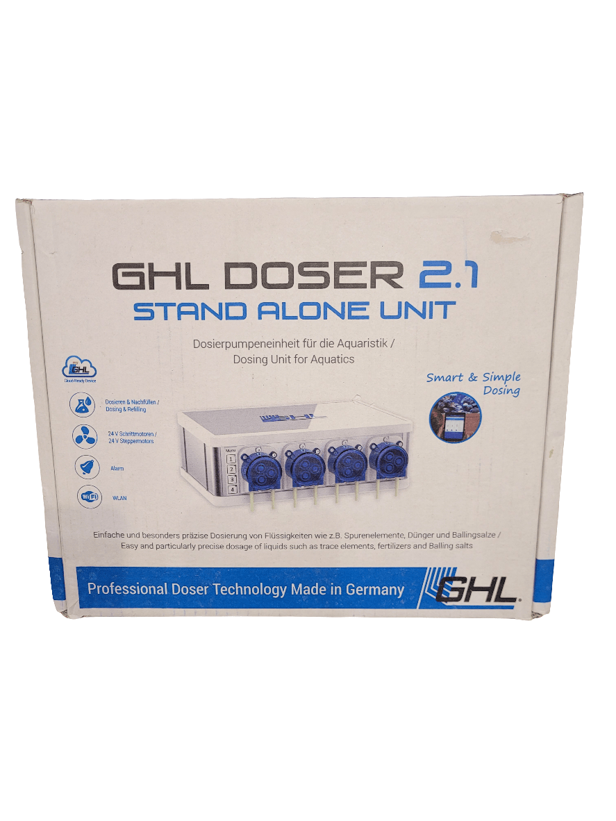 Box packaging for the GHL - Doser 2.1 showcases a standalone dosing pump unit designed for aquatics, highlighting Smart & Simple Dosing along with Professional Doser Technology made in Germany, all presented in a blue and white color scheme.