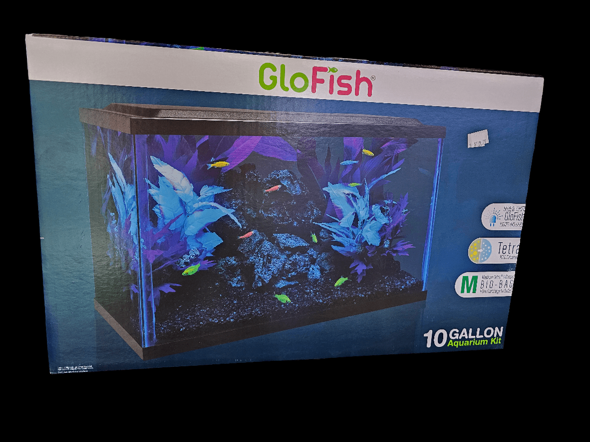 The packaging for the GloFish - 10 Gallon Aquarium Kit showcases an image of an aquarium teeming with fluorescent fish and vibrant plants, creating a captivating underwater display.