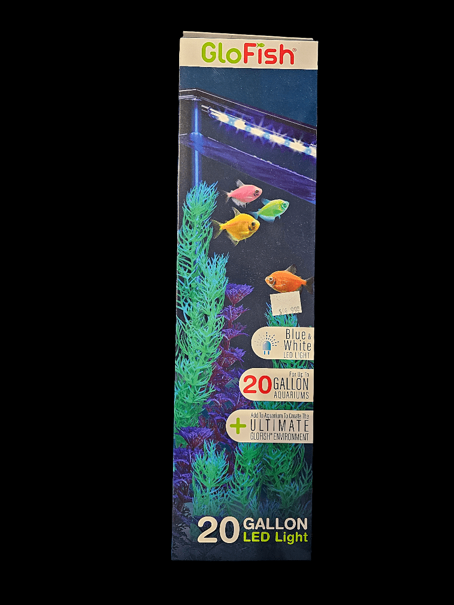 The packaging for the GloFish 20 Gallon LED Light features vibrant fish swimming amidst decorative plants, accentuated by blue and white LED lighting. Its sleek aquarium frame creates a lively aquatic environment, ideal for beautifying your living space.