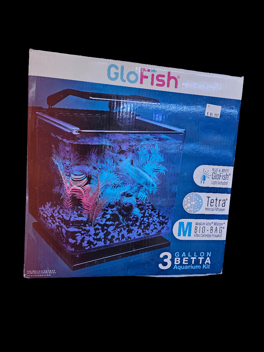 The GloFish - 3 Gallon Betta Aquarium Kit includes a 3-gallon fish tank with vivid LED lighting, ideal for fluorescent fish. The package also contains essential items like a Tetra filter and medium Bio-Bag cartridges, tailored for Betta fish.