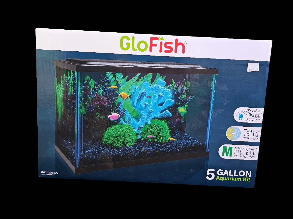 The packaging for the GloFish 5Gal LED Aquarium Kit - Glass highlights a dynamic arrangement with glowfish plants and fluorescent fish, displaying brand logos and offering product information to assure a captivating underwater experience.