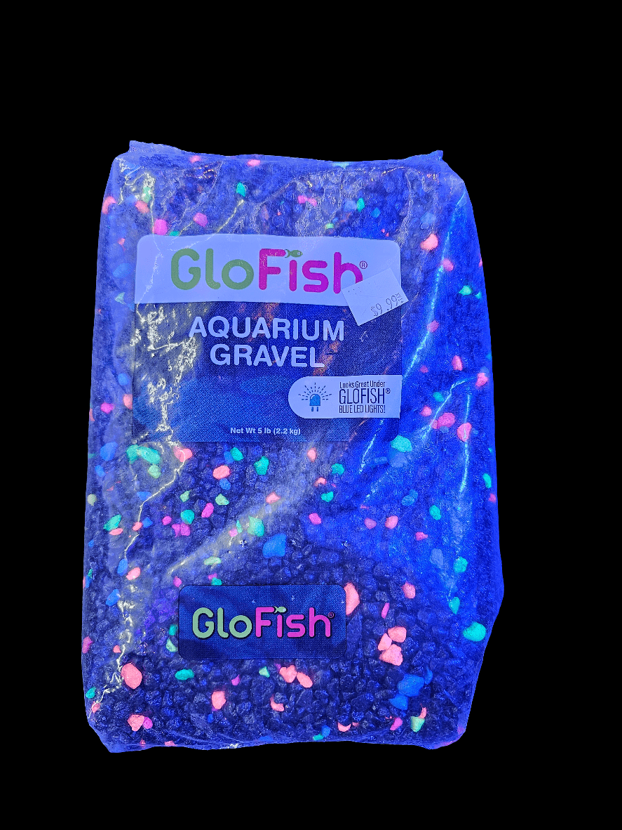 A 5-pound package of GloFish - Gravel Black with Highlights features a vibrant mix of colors, including pink, green, and blue set against a black backdrop, perfect for creating a glowing aesthetic. The GloFish brand name is prominently displayed on the packaging.