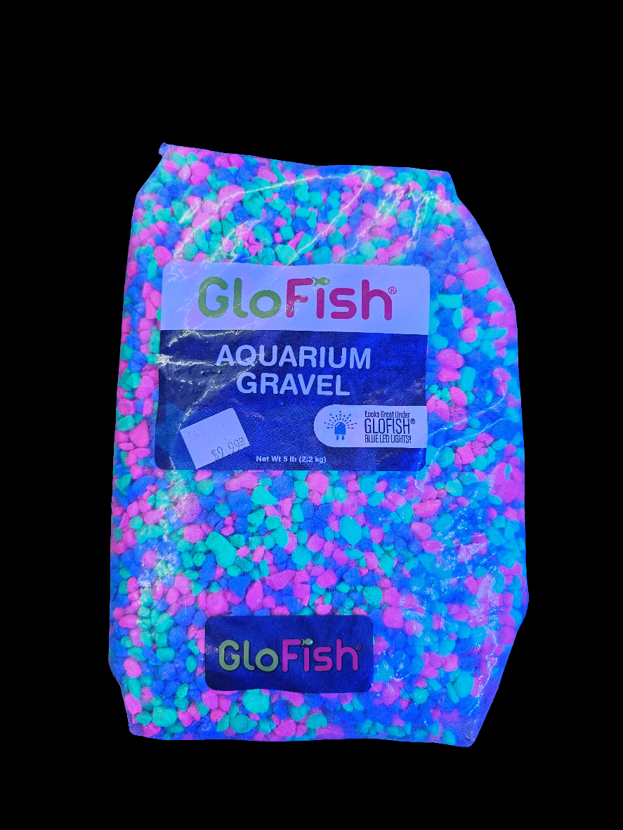 The GloFish - Gravel Pink Green Blue 5 Lbs bag contains fluorescent gravel in vivid neon shades of pink, green, and blue. The packaging proudly displays the GloFish logo and offers a visually striking look that transforms any aquarium into a radiant wonderland.