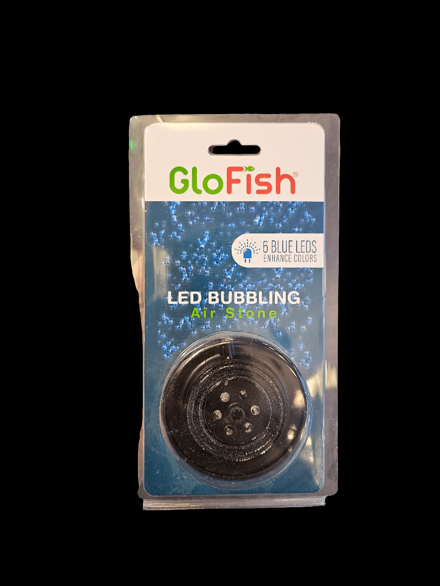 The GloFish - LED Bubbling Air Stone package features improved underwater lighting with six blue LEDs designed to enhance the colors of your glowfish in the aquarium. The packaging emphasizes the air stone and bubble effects, with the GloFish logo prominently displayed at the top to ensure vibrant water circulation and an eye-catching display.