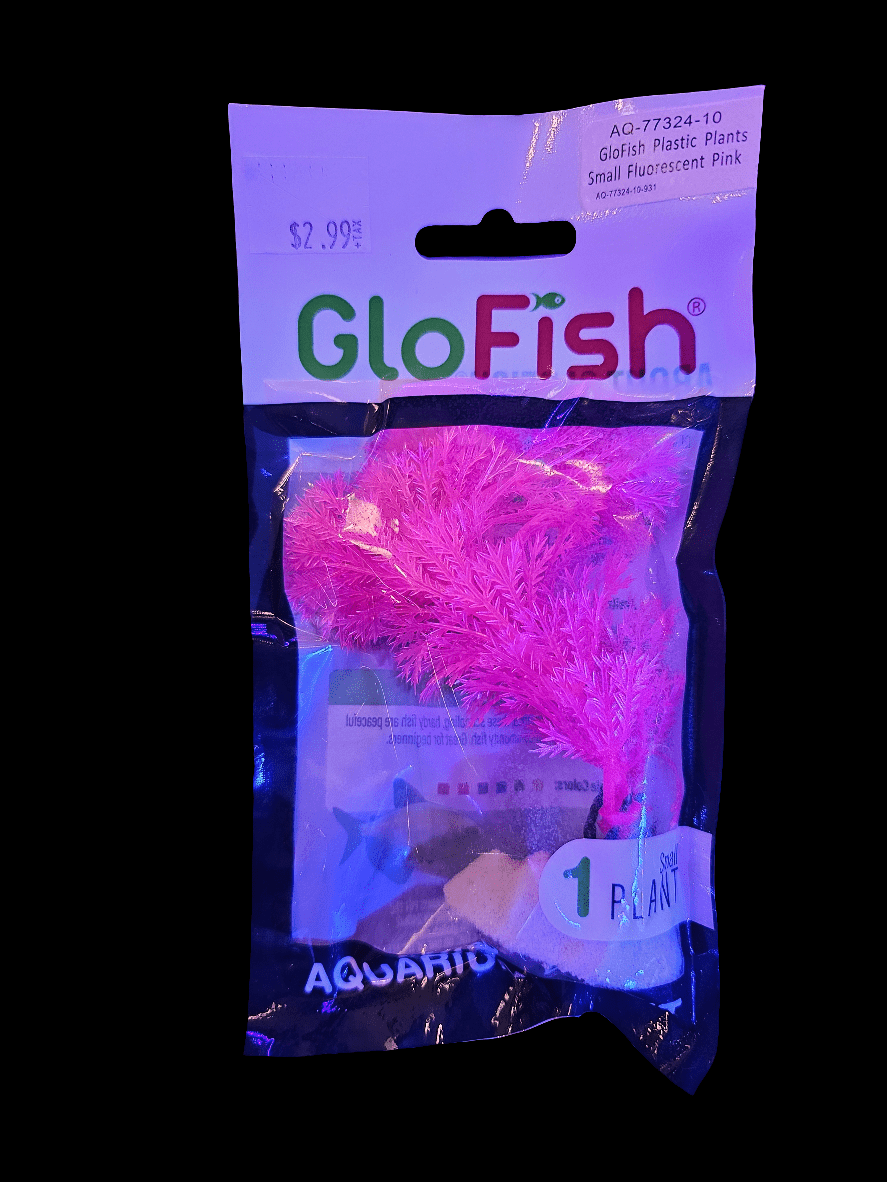 A set of GloFish - Pink Plant Sml, featuring small fluorescent pink plastic aquarium plants that glow with dazzling colors, priced at $2.99. The transparent packaging reveals the vivid pink plant inside, making it an ideal addition to your colorful fish tank setup.