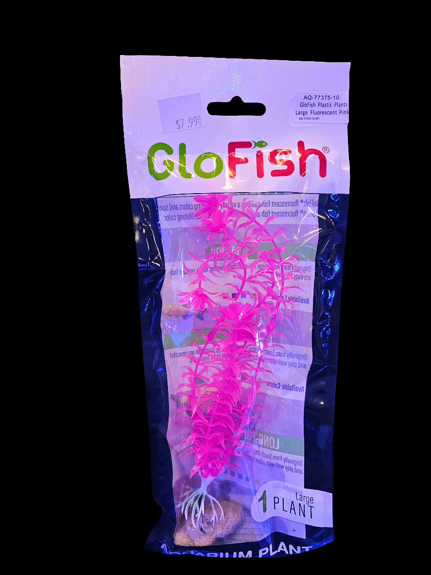 A packaged GloFish - Plastic Plant in fluorescent pink is ideal for enhancing your glowfish tank's visual appeal, labeled with 1 Large Plant and priced at $7.99.