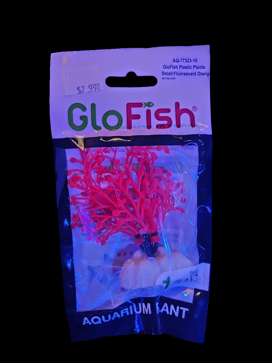 A package of GloFish - Red Plant SML, featuring dazzling fluorescent orange plastic plants, brings vibrant life to your fish tank. Priced at $2.99, these brilliant decorations are perfect for enhancing the visual appeal of your aquatic space.