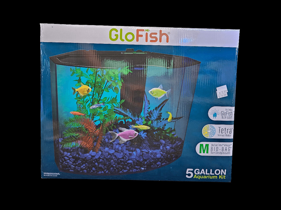 The packaging for the GloFish 5-Gallon Aquarium Kit - Acrylic beautifully displays fluorescent fish swimming among vibrant glowfish plants, emphasizing features like Tetra filtration and offering a visual look at the captivating GlowFish aquarium setup.