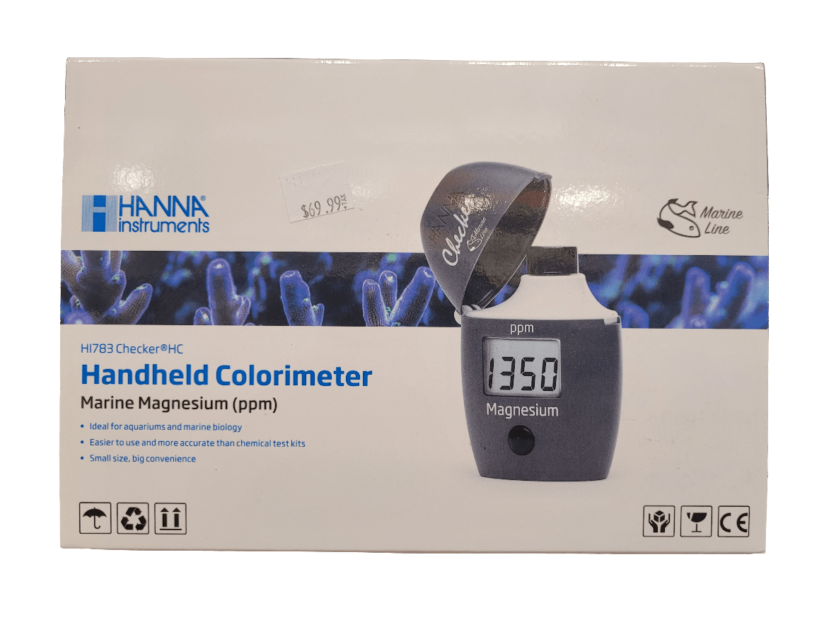 Box packaging of the Hanna Instruments - Marine Magnesium Checker (ppm) showcases a display reading of 1350 ppm. The box emphasizes features such as user-friendliness and being ideal for aquarium and marine biology, with a price point of $69.99.