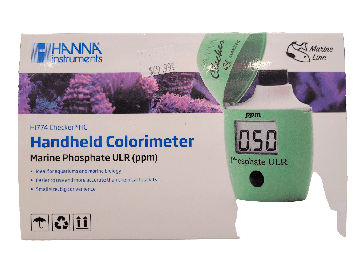 Image of a Hanna Instruments Marine Phosphate ULR Checker (ppm) handheld colorimeter designed for marine phosphate testing. The packaging emphasizes its ideal application for aquariums, highlighting superior ease and accuracy compared to traditional test kits. A digital readout shows 0.50 ppm, with a price tag of $69.99.