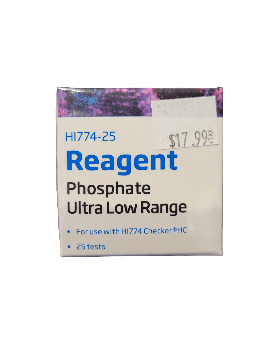 Box of Hanna Instruments - Marine Phosphate ULR Reagent - 25 Tests, priced at $17.99. Contains 25 tests for use with HI774 Checker HC for phosphate ultra low range testing.