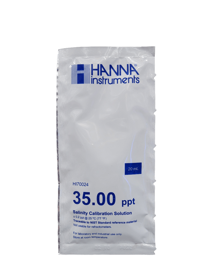 A Hanna Instruments Salinity Calibration Solution packet, measuring 20 mL and labeled at 35.00 ppt, designed for laboratory and industrial use.