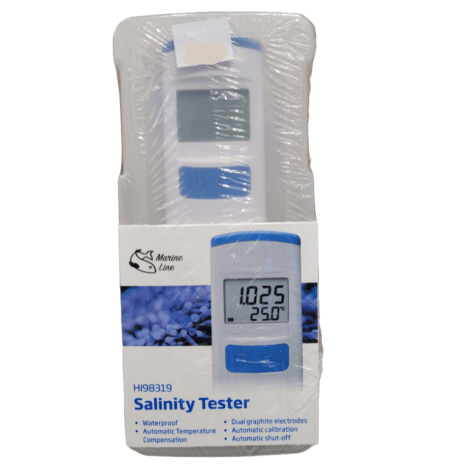 The packaging of the Hanna Instruments - Salinity Tester reveals a blue and white device, with its screen displaying readings of 1.025 and 25.0°C. Key features such as waterproof design, dual graphite electrodes, automatic calibration, and automatic shut-off are prominently highlighted on the packaging.