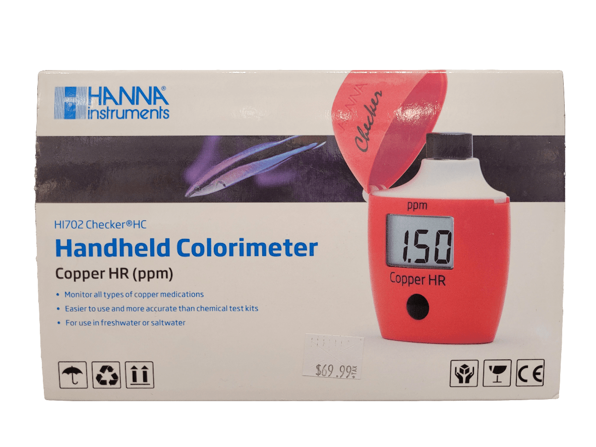 Packaging of the Hannah Instruments - Marine Copper Checker (ppm) Handheld Colorimeter. The device comes in red, displaying "1.50 ppm" on its digital screen. Packaging text highlights features such as copper level monitoring and user-friendly operation, accompanied by feather and water imagery.