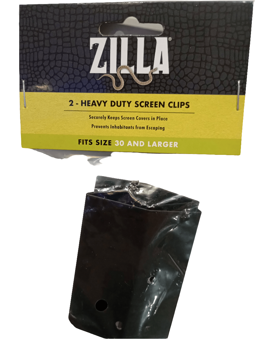 The package of Zilla Heavy Duty Screen Clips has a reptile texture design on the top half with text reading "2 - Heavy Duty Screen Clips." These clips are designed to securely hold screen covers for tanks sized 30 gallons and larger.