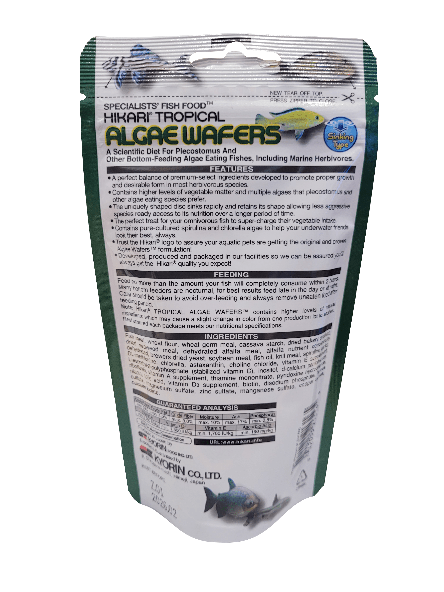 A package of Hikari Algae Wafers - 2.89oz, designed for fish like plecostomus, includes features and instructions in English with prominently displayed product images and logos on the packaging.