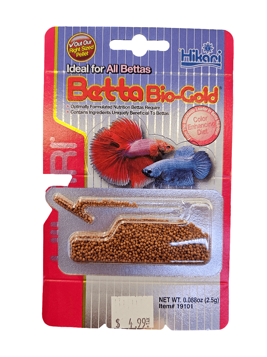 The Hikari - Betta Bio-Gold 2.5g packaging displays images of a red and a blue betta fish and promotes itself as an ideal color-enhancing diet for bettas. The package contains 0.088 oz (2.5g) of food and is priced at $4.99.