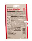 Photo of the reverse side of the Hikari - Betta Bio-Gold 2.5g fish food packaging, featuring highlighted aspects such as product features, maintenance instructions, feeding guidelines, ingredient list, and guaranteed analysis. The packaging showcases a red and white design with a barcode along the edge.