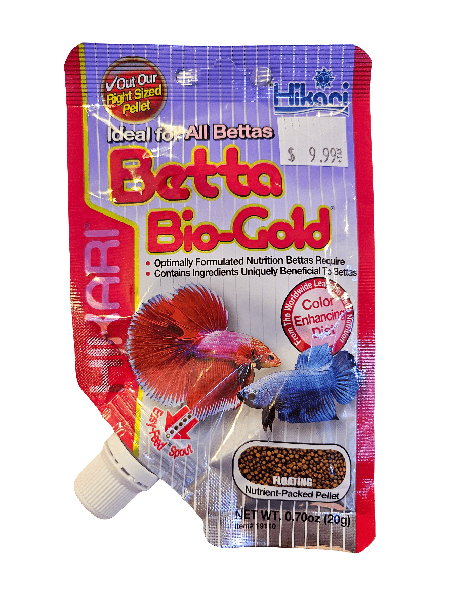 The Hikari - Betta Bio-Gold 20g fish food packaging displays an image of a red and blue betta fish, highlighting its color-enhancing formula. It’s marketed as suitable for all bettas, providing floating, nutrient-rich pellets with beneficial ingredients, and weighs 0.70 oz (20g).