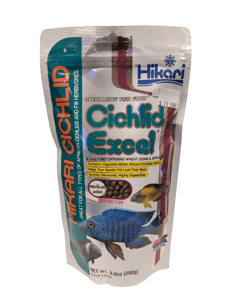 A package of Hikari - Cichlid Excel - Medium Floating fish food, adorned with images of vibrant fish. The packaging emphasizes its suitability for herbivorous cichlids and benefits like vegetable content and easy digestion. Net weight: 8.8 oz (250g).