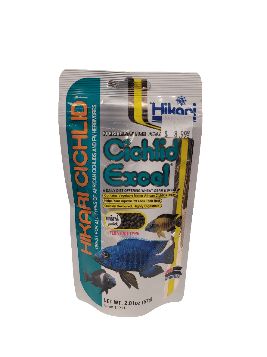 Hikari - Cichlid Excel - Mini Floating fish food is designed as a daily diet for African cichlids and herbivores, with packaging that includes imagery of blue and black fish. The net weight is 2.01 oz (57g) and it is priced at $8.99.