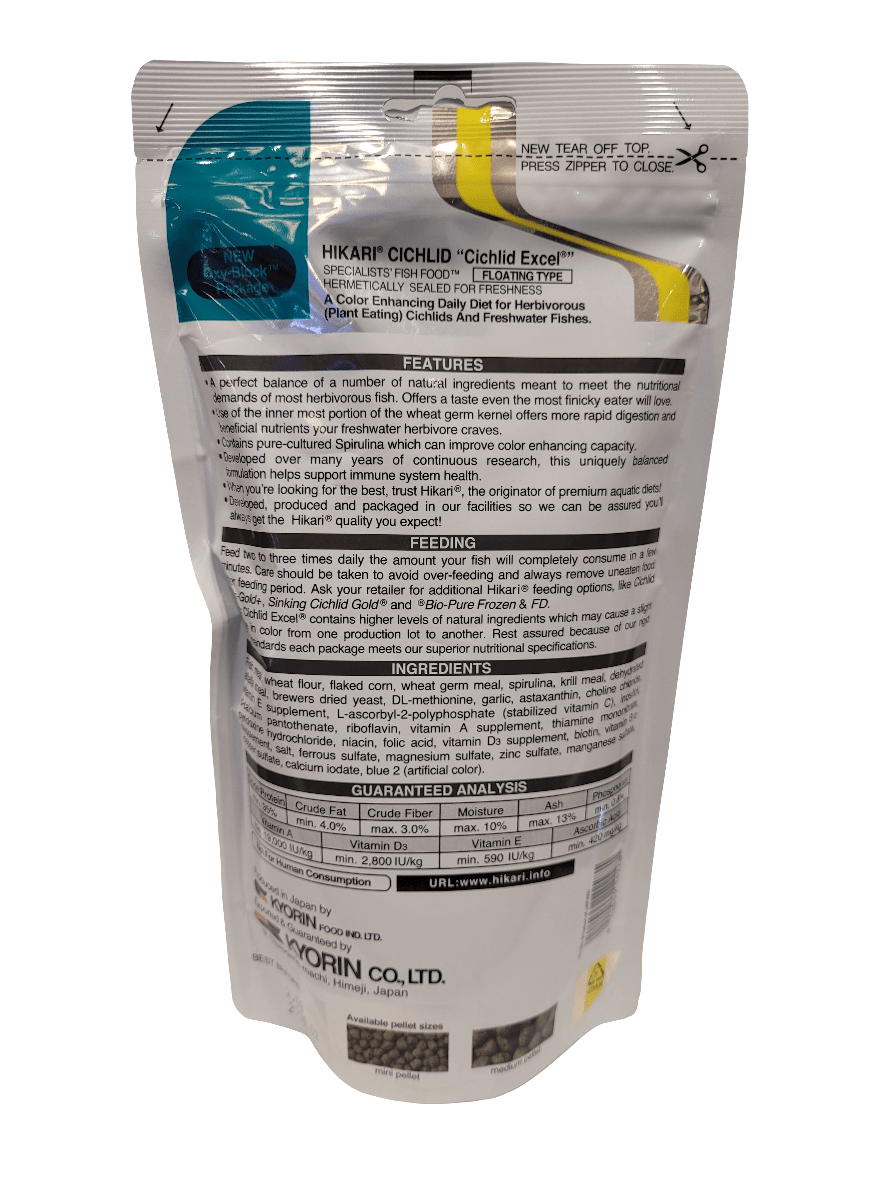 The image displays the packaging of Hikari - Cichlid Excel - Mini Floating fish food in white. The front is adorned with colorful graphics and text describing it as a floating type, specifically designed for herbivorous cichlids and other tropical fish, available in an 8.8oz size.