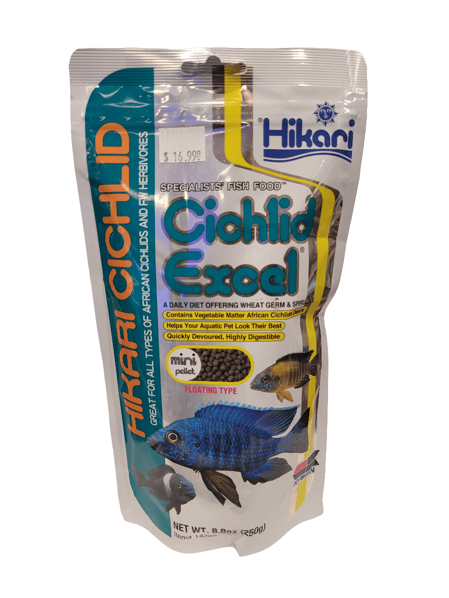 A package of Hikari - Cichlid Excel - Mini Floating fish food features images of vibrant fish on the front, along with text emphasizing its benefits for herbivorous and omnivorous cichlids. It contains wheat germ and spirulina and has a net weight of 8.8 oz (250 g).