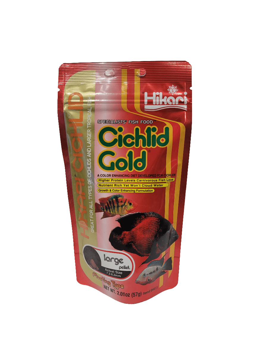 A 2.01 oz package of Hikari - Cichlid Gold - Large Floating fish food, featuring a red and gold bag adorned with fish images, offers color enhancement for large cichlids.