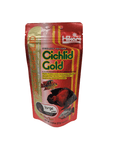 A 2.01 oz package of Hikari - Cichlid Gold - Large Floating fish food, featuring a red and gold bag adorned with fish images, offers color enhancement for large cichlids.