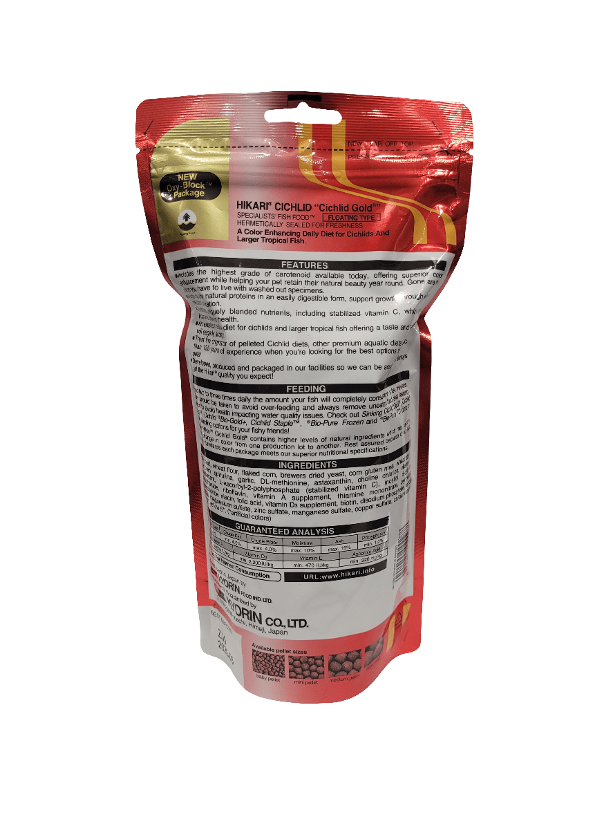 Back view of a Hikari - Cichlid Gold - Large Floating - 8.8oz package. The packaging is primarily red with black and white text detailing features, ingredients, and feeding instructions. The bottom has a transparent section showing the pellets inside.