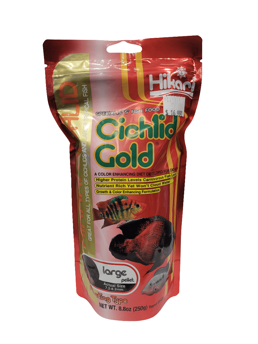 A package of Hikari - Cichlid Gold - Large Floating fish food, weighing 8.8 oz, showcases a vibrant red and orange design with fish images. It promotes large pellets and a color-enhancing diet, emphasizing high protein content suitable for all types of cichlids and large tropical fish.