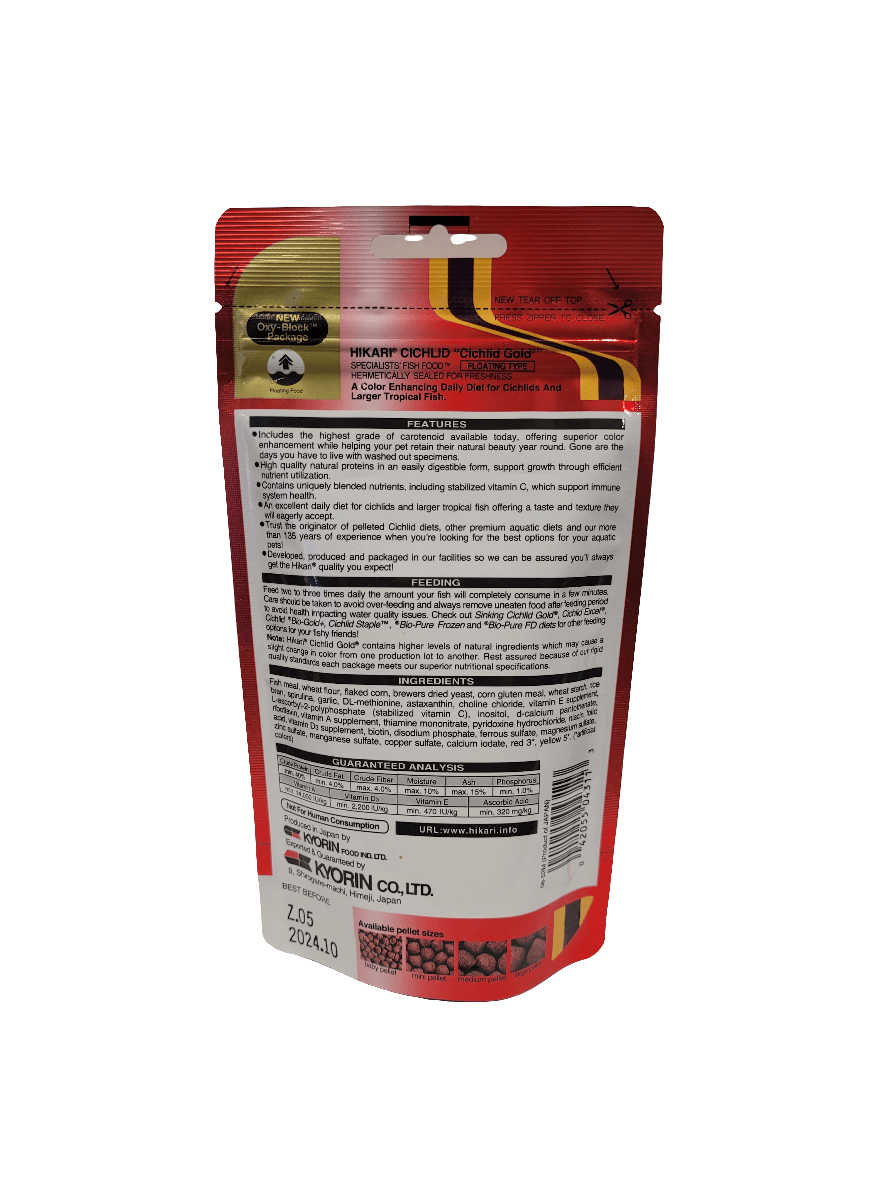 A package of Hikari - Cichlid Gold fish food in red and white contains medium floating pellets, weighing 2.01 oz. The packaging highlights detailed information about the product benefits and ingredients, with a barcode positioned at the bottom, and features branding alongside an image of a fish on the upper front section.