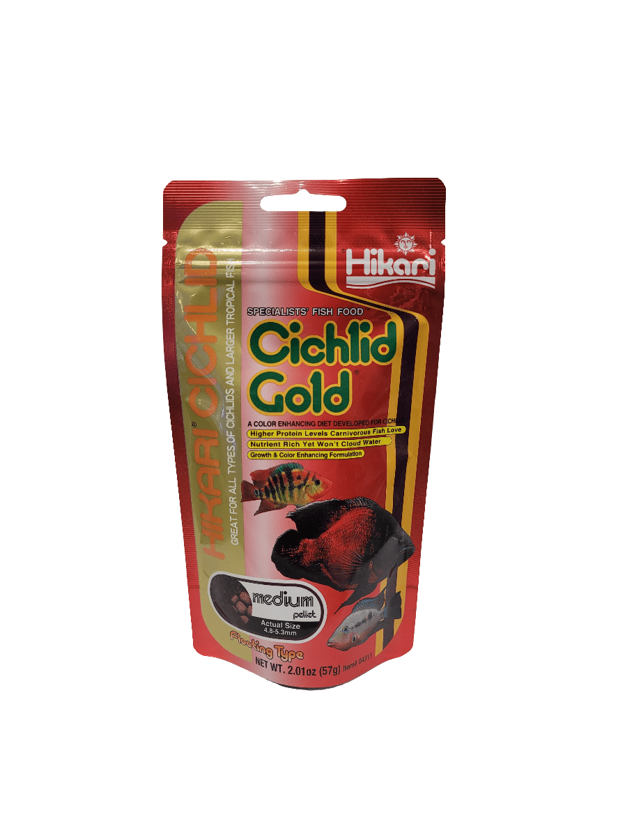 A 2.01 oz package of Hikari Cichlid Gold Medium Floating fish food in red and yellow, showcasing a vibrant fish image and highlighting its color-enhancing properties.